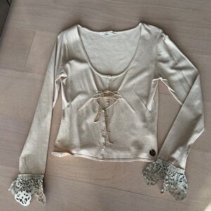 Roberto Cavalli Cream leather Lace Trim Blouse